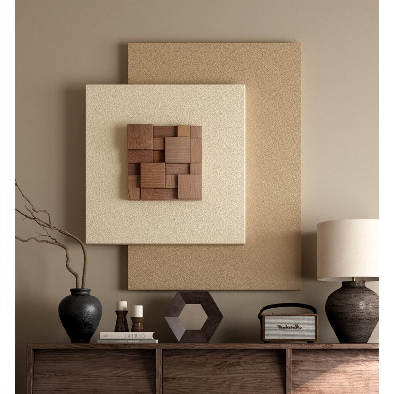 Art mural géométrique noyer et grès, Beige / kaki, H 27,56 po x l 25,59 po x P 1,57 po