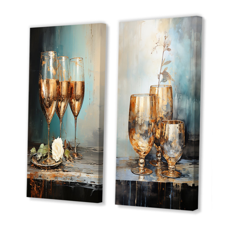 Beige And Teal Champange Glass - Drinkware Canvas Prints Set Of 2, 28" H x 25" W, Wrapped Canvas