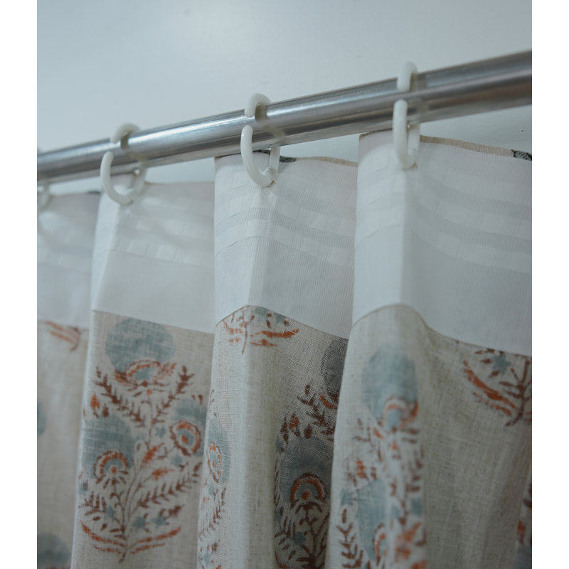 Handmade Linen Pleated Curtains – Gray Brown Floral Block Print Drapes for Living Room, 54" W X 36" L