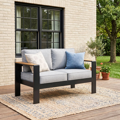 50" Wide Aluminum Outdoor Loveseat With Wood Plastic Armrest