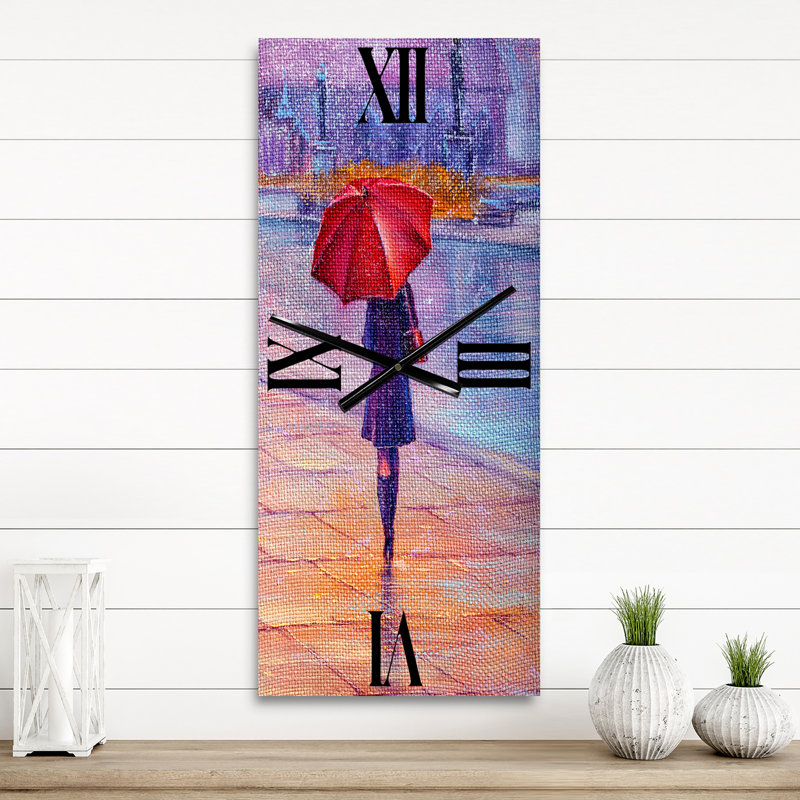 Horloge murale femme marchant avec un parapluie sous la pluie, Grand