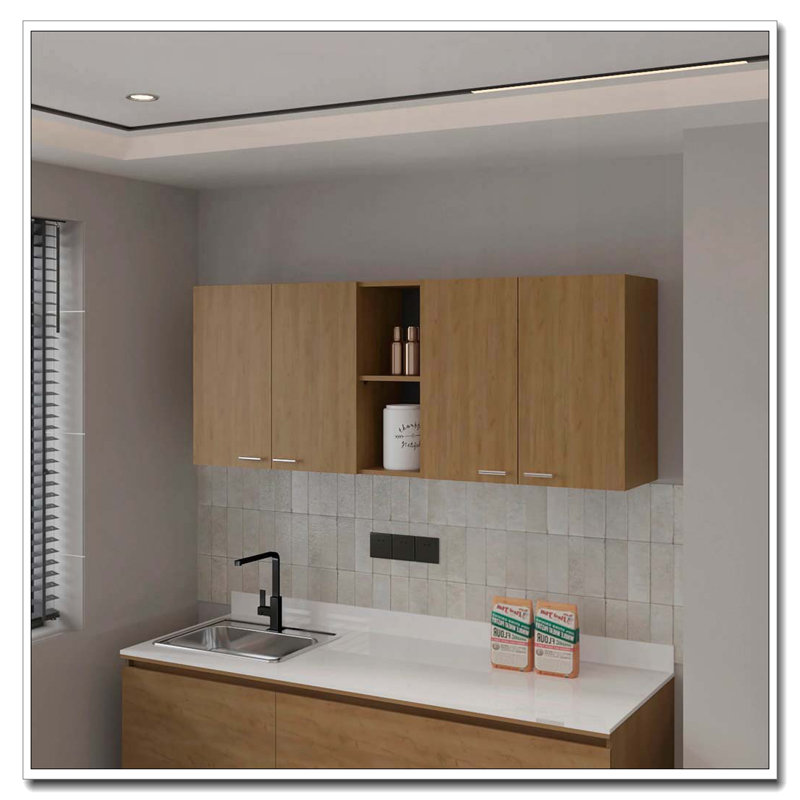 Armoire de cuisine en chêne naturel naturel en mélamine avec 4 portes et rangement ouvert, Bois naturel