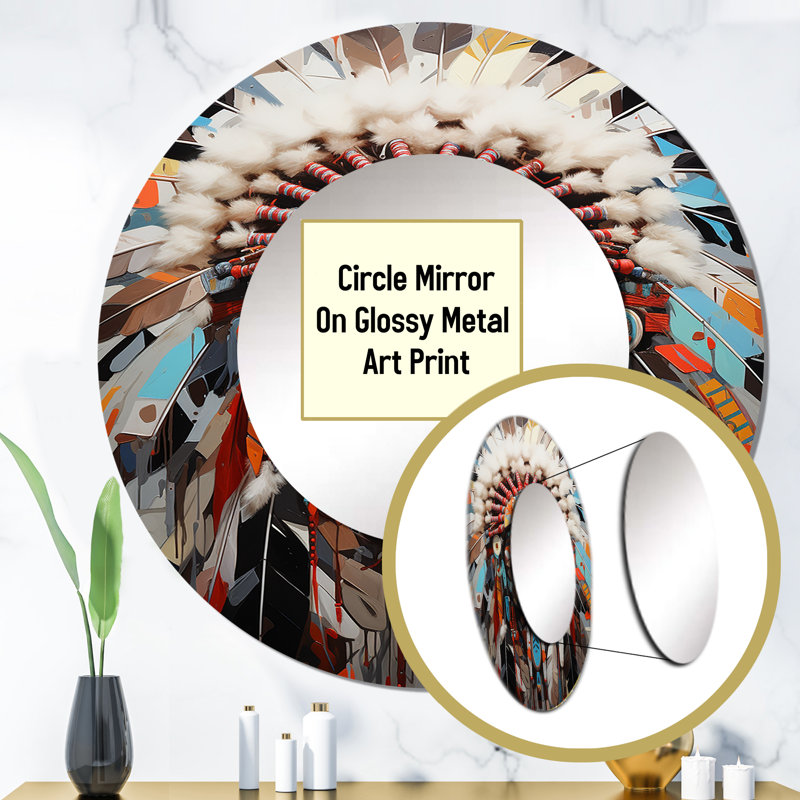 Sharaven Native American Warrior Portrait I - Native American Art Mirror, Red Round Unique Wall Mirror, Printed Metal Art