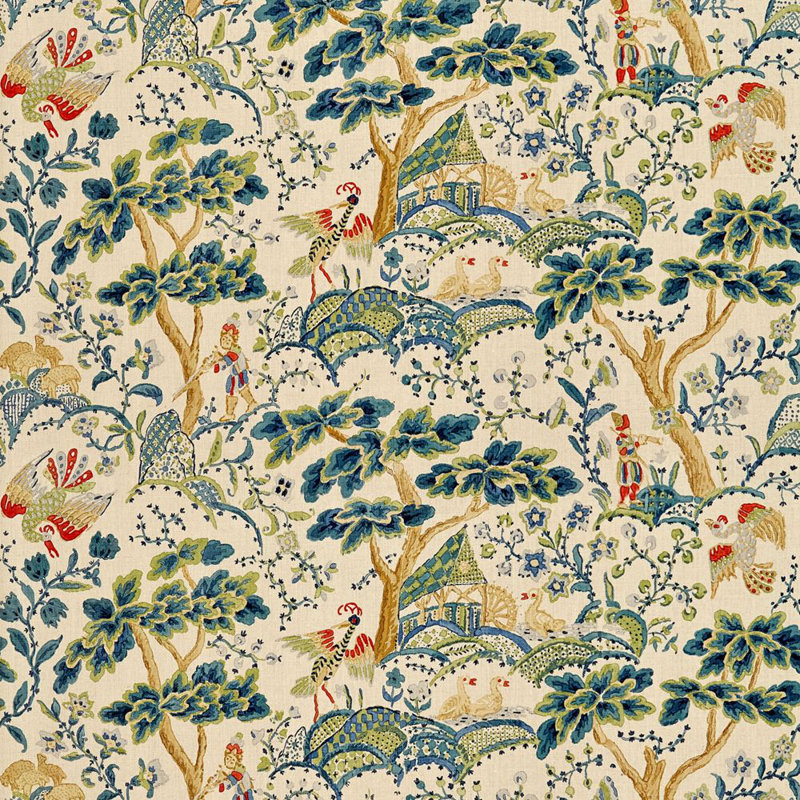 Merchante Kelmescott Hand Block Fabric, Peacock On Sand