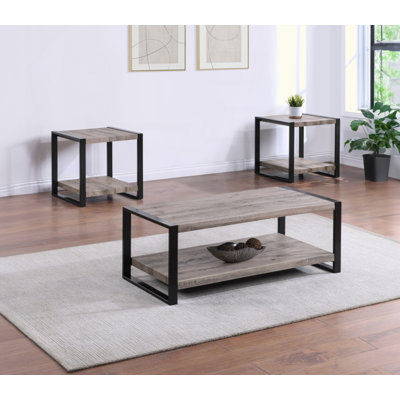 Ensemble de cocktail contemporain 3 pièces 1 table basse rectangulaire et 2 tables de bout carrées rustiques au fini noir brun