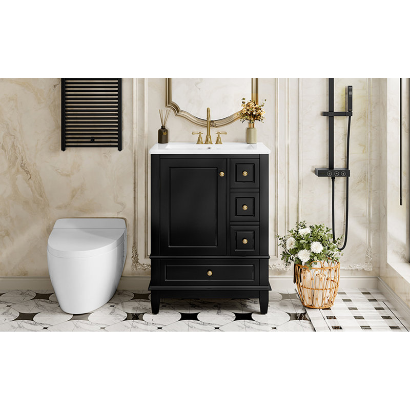 Meuble-lavabo 24 po avec lavabo et tiroirs, meuble-lavabo autoportant noir avec plateau en céramique et tablettes de rangement, panneau de fibres à densité moyenne et base en bois massif, meuble-lavabo moderne pour les petites salles de bain