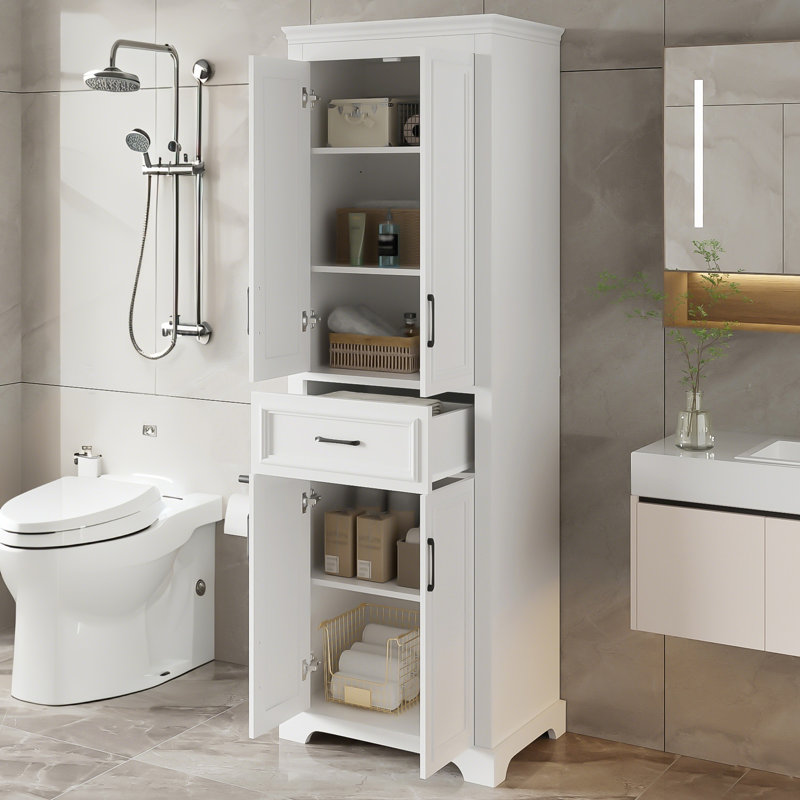 Armoire de salle de bain 70,8 po, 4 portes à fermeture tampon + 1 tiroir + tablettes réglables | Conception anti-basculement, grande capacité de rangement