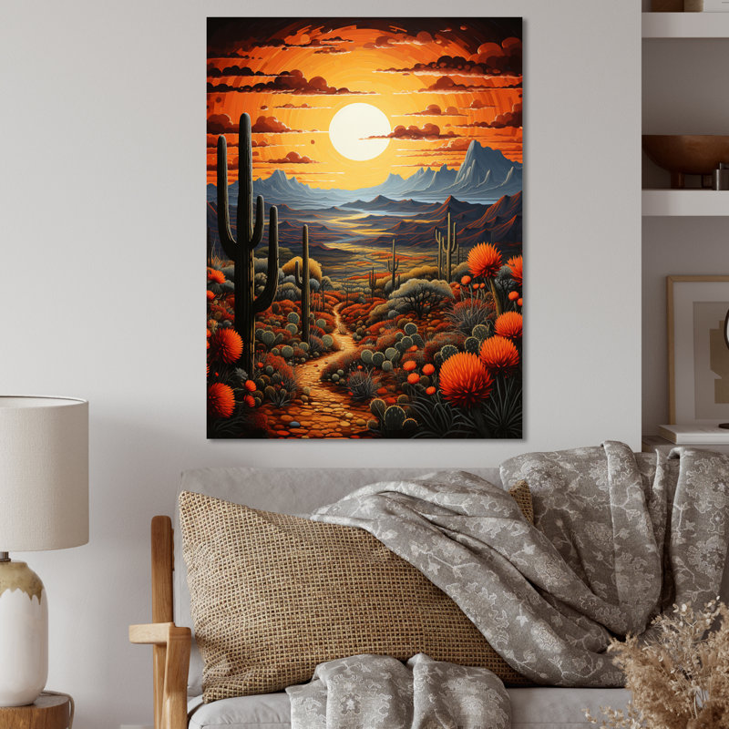 Cactus jaune vert désert coucher de soleil Saguaro - décoration murale florale et botanique en métal, H 20 po x l 12 po