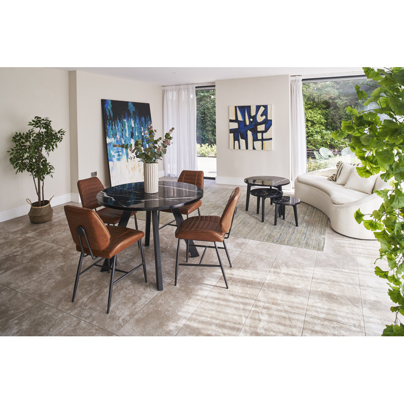 4 People Dining Set With Marble Print Round Table