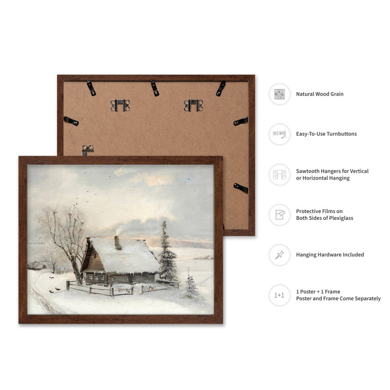 Chalet enneigé, Poster, 08"H x 10"W, Brown Framed