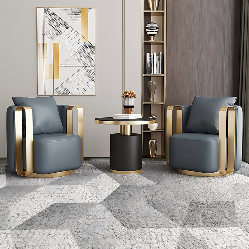 Ensemble de 2 chaises de luxe en cuir de polyuréthane pivotant bleu-gris clair avec table d'appoint ronde
