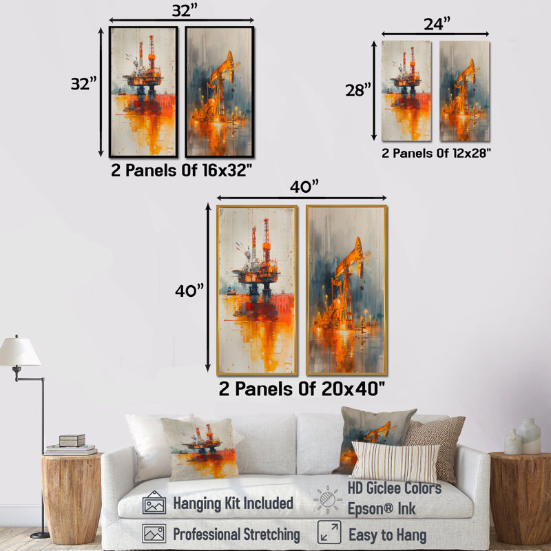 Ensemble de 2 pièces d'art mural orange et gris «Oiling the future», H 40 po x l 40 po, Impression encadrée