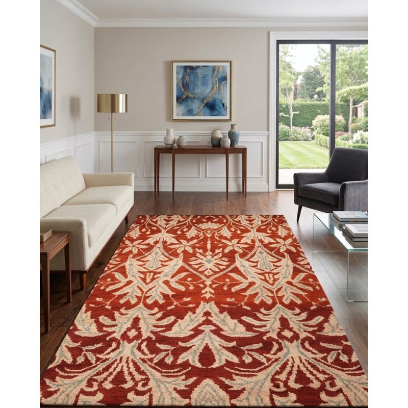 Rouge | Tapis d'intérieur en laine doré à motif floral noué à la main, Rectangle 6 pi x 9 pi