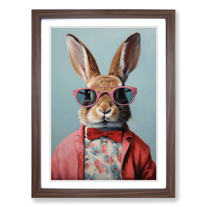 Rabbit with Glasses Painting - Framed Print, 34cm H x 25cm W x 2cm D, Walnut