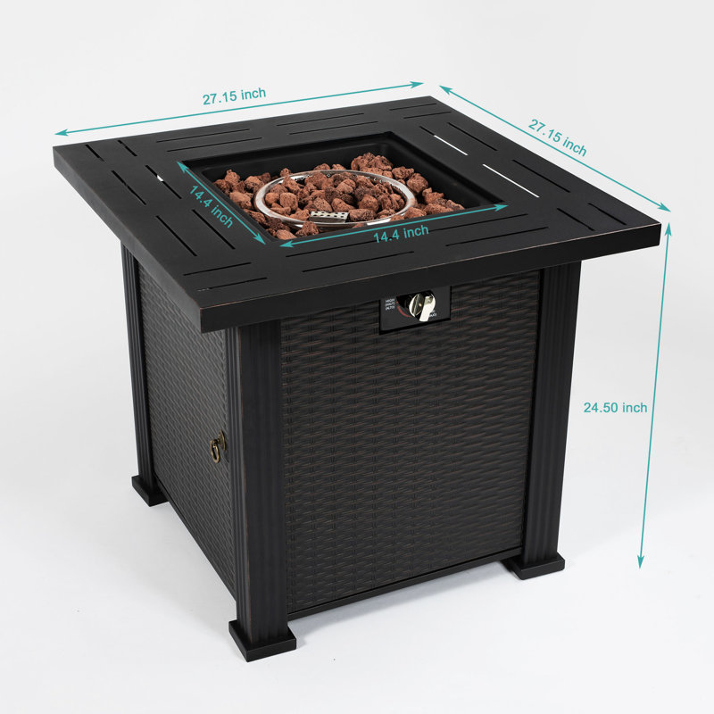 Steel Fire Pit Table 28inch Square, Propane, 23.73in Height, No Guard, Adjustable Square Propane Table, Steel, 28.39in Depth And Width,