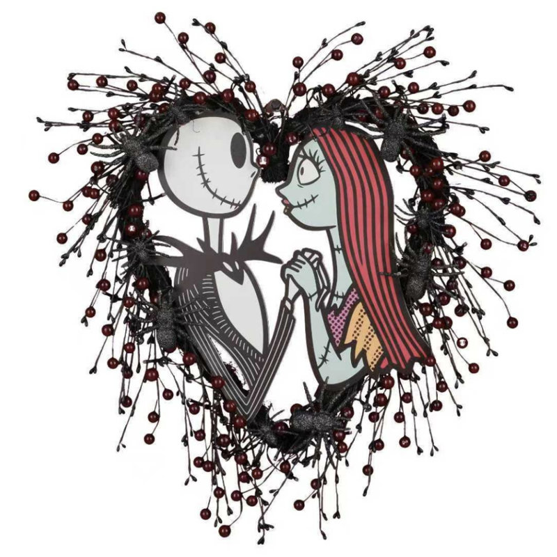 Couronne d'Halloween Disney Jack et Sally de 66 cm (26 pouces) préilluminée avec 45 lumières DEL et feuillage noir et blanc