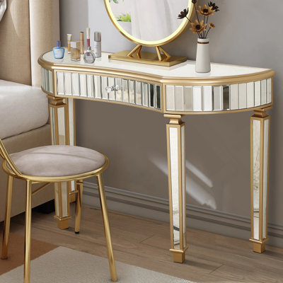 Console 47 po à miroir en demi-lune avec tiroir en verre cannelé et poignées en cristal