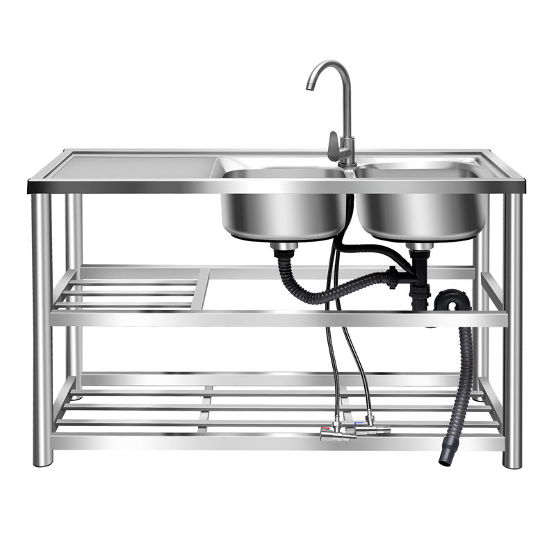 Stainles Steel Double Bowl Kitchen Utility Sink Set & Prep Table