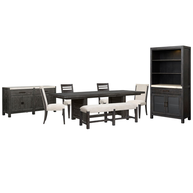 Extendable Trestle Dining Table With 2 Side Chairs 2 Upholstered Side Chairs Bench Sideboard And Display Cabinet