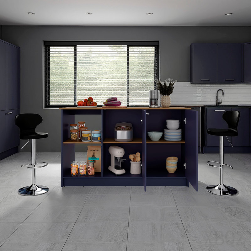 Îlot de cuisine avec grande surface supérieure, armoire à double porte et tablettes ouvertes, Blue