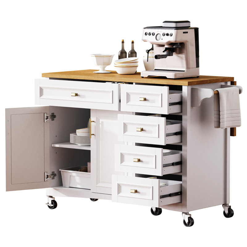Îlot de cuisine mobile blanc avec abattant. Texture, étagère à épices, serviette 2 portes, 5 tiroirs, tablette réglable pour un décor chic et luxueux bord de mer