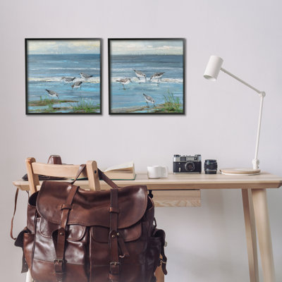 «Beach Shore with Sandpipers & Graminées», ensemble de 2 impressions sur toile encadrées, design par Sally Swatland