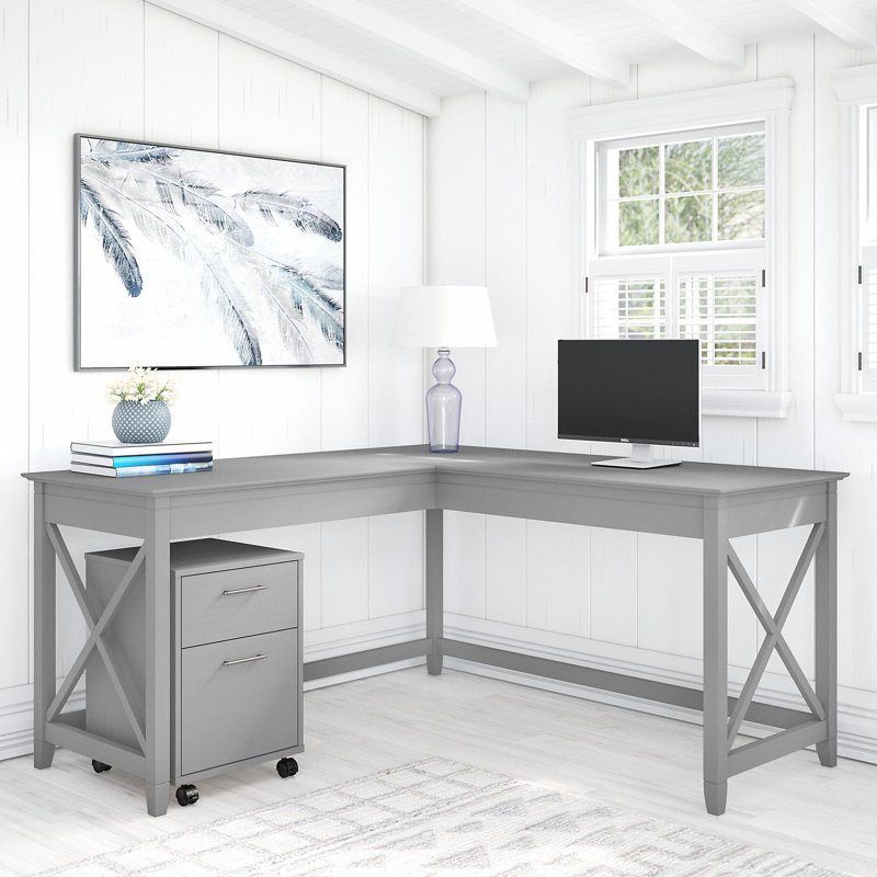 Kaionna L-Shaped Credenza Desk, Cape Cod Grey