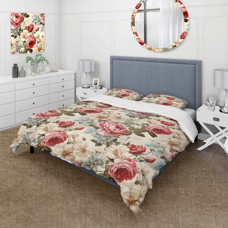 Ensemble de housse de couette rose antique à motif floral pivoines III, Housse de couette pour très grand lit et 2 très