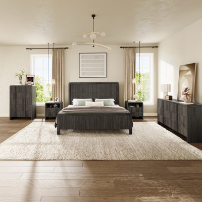 Ensemble de chambre à coucher 4 pièces à grain de bois moderne avec lit plateforme, commode à 5 tiroirs et table de chevet * 2, double, noir