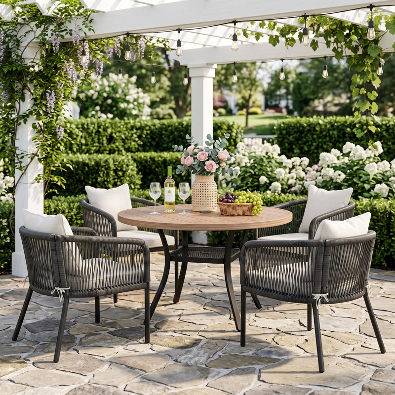 Ensemble repas pour 4 personnes avec chaises en rotin PE tissé, Beige, Brun, Gris
