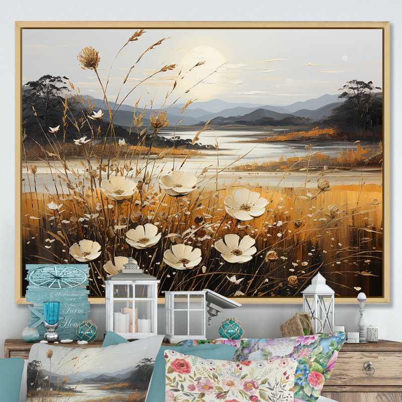 Golden Meadows of Flowers Fields sur impression sur toile, Cadre naturel flottant, H 24 po x l 32 po