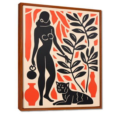 «Retro African Woman with Black Cat Botanical», reproduction d'art mural africain