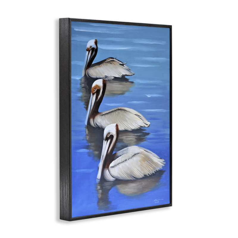 «Pelican Trio Drifting», estampe numérique par D. Rust, Giclée encadrée noir minuit, H 24 po x l 16 po