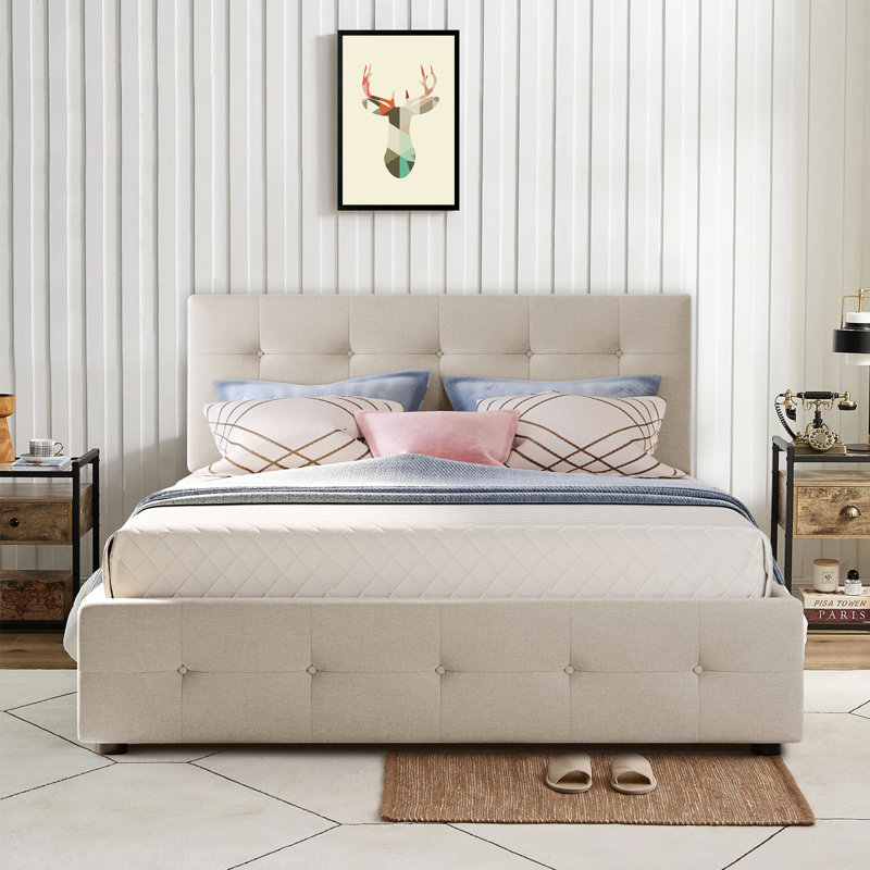 Modern Linen Fabric Upholstered Storage Platform Bed - Queen Size Main Bed and Twin XL Trundle Bed, Beige
