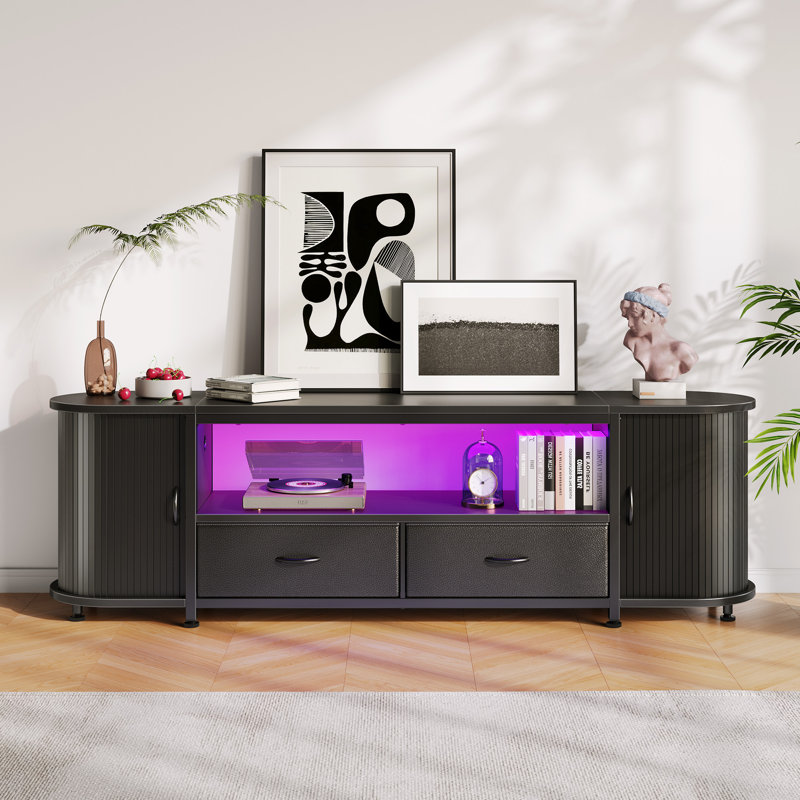TV Stand with RGB LED Lights and Charging Station, Sliding Door TV Console with Large Storage, 63", Black