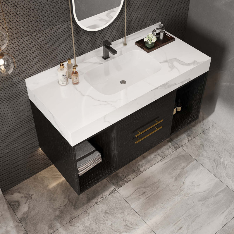 Meuble-lavabo flottant avec lavabo en céramique, 2 tiroirs muraux à fermeture en douceur et plateau blanc, Noir