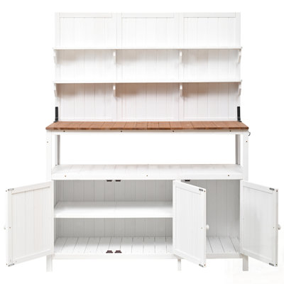 Banc de rempotage extérieur avec huche, bois de sapin massif, grand comptoir, rangement spacieux et crochets latéraux pour un jardinage efficace