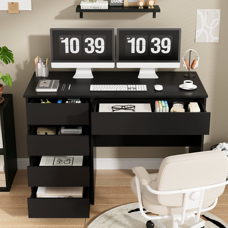 Computer Desk With 5 Drawers, Rectangular Desk With Storage For Home And Office (black), Black