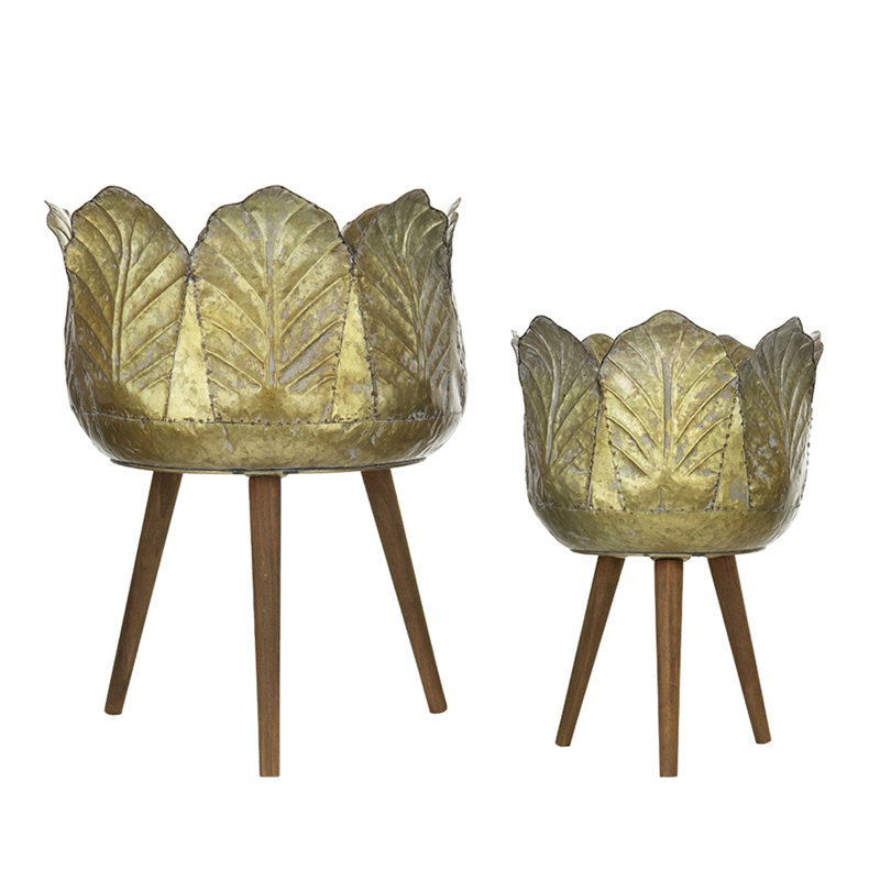 Set of 2 Metal Planter With Wood Legs Stand, L:D18.5x23.5" S:D15.7x20"