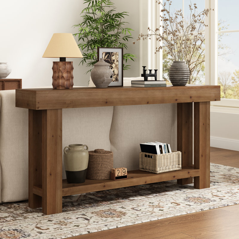 Console en bois de sapin massif de 63 po avec tablette de rangement Danard