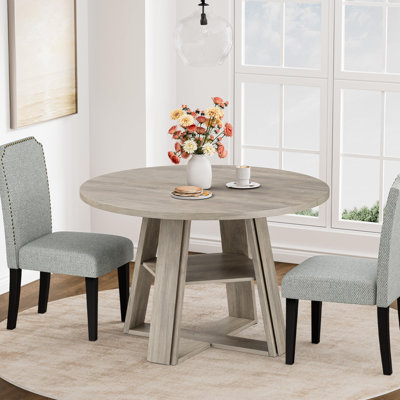 Modern Farmhouse 43'' Round Dining Table with Sturdy Wooden Pedestal, Storage Shelf