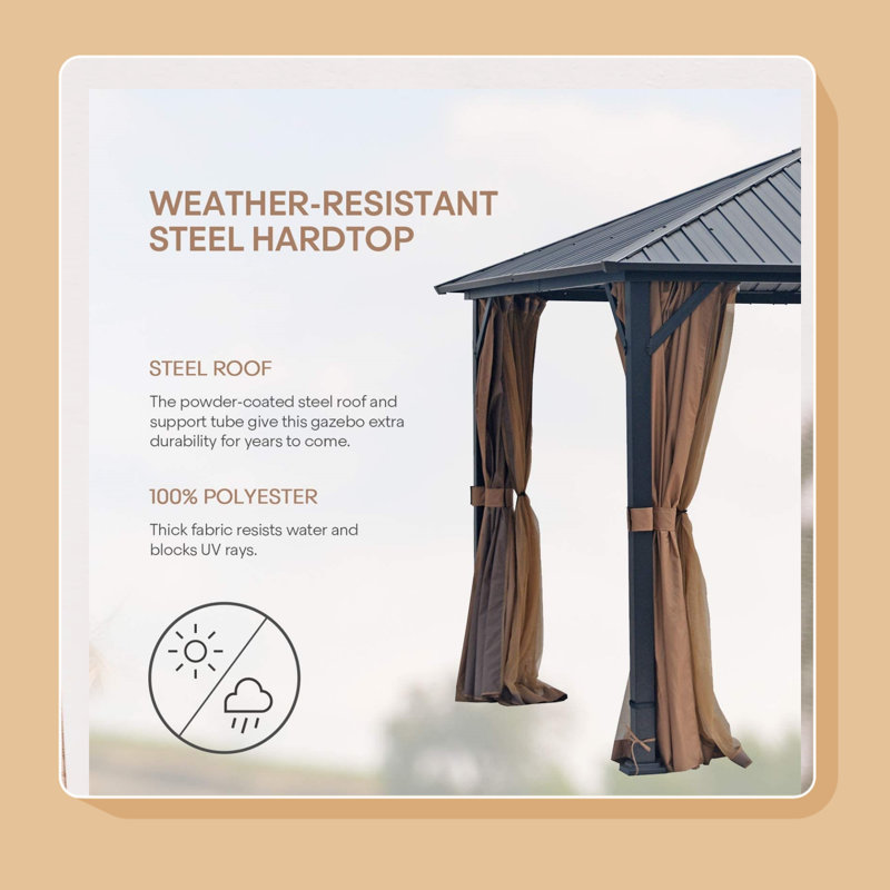 Pavillon de jardin robuste en métal 10 x 12 avec moustiquaire, pergola à toit rigide en acier galvanisé pour patio, jardin, cour arrière