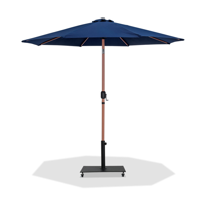 Parasol de patio en tissu / aluminium avec base Chavelle, Bleu marine, Brun / noir