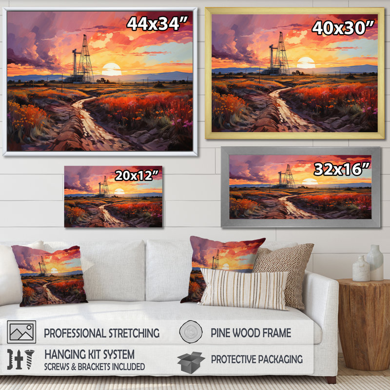 «Orange Oil Rigs», installation sur toile, H 16 po x l 32 po x P 1 po, Cadre flottant doré