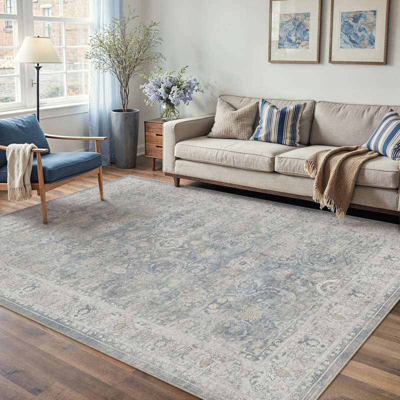 Bremerton Vintage Washable Blue Area Rug With Non-Slip Backing, Rectangle 8' x 10', Blue