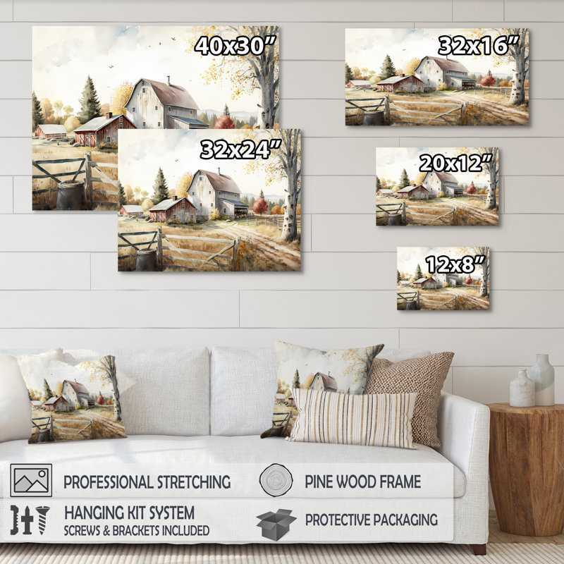 «Beautiful Barn In Spring II», art mural sur toile paysage de grange, H 24 po x l 32 po, Toile tendue, Sans cadre