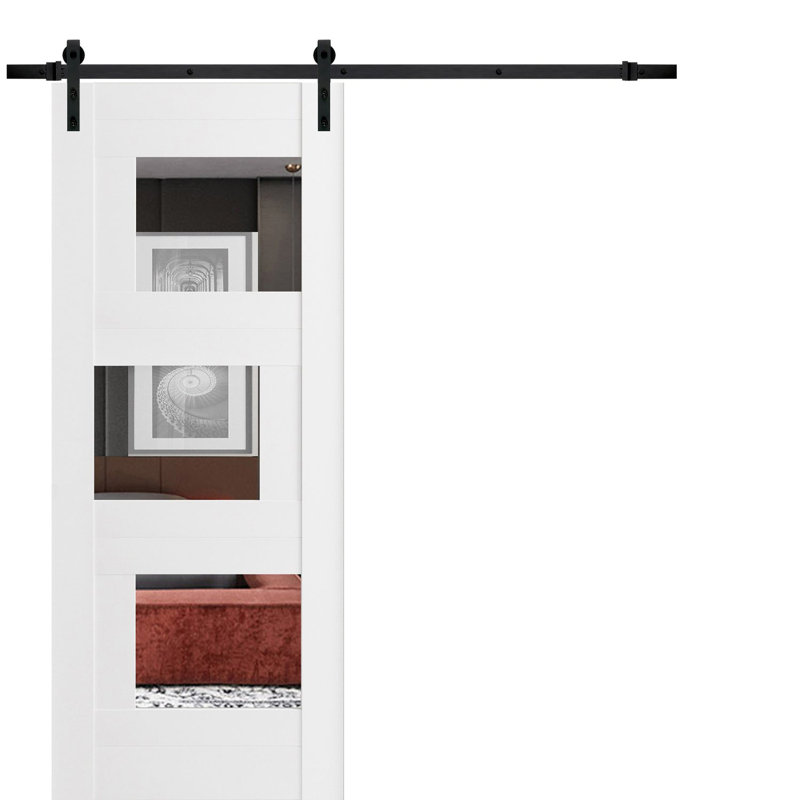 Porte de grange en bois à panneau de verre Quadro, 28 po x 80 po, Blanc