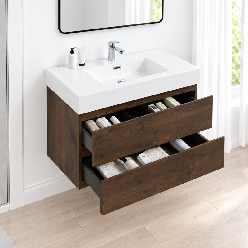 Meuble-lavabo flottant blanc moderne de 36 pouces avec lavabo intégré blanc et 2 tiroirs de rangement, mural et entièrement assemblé