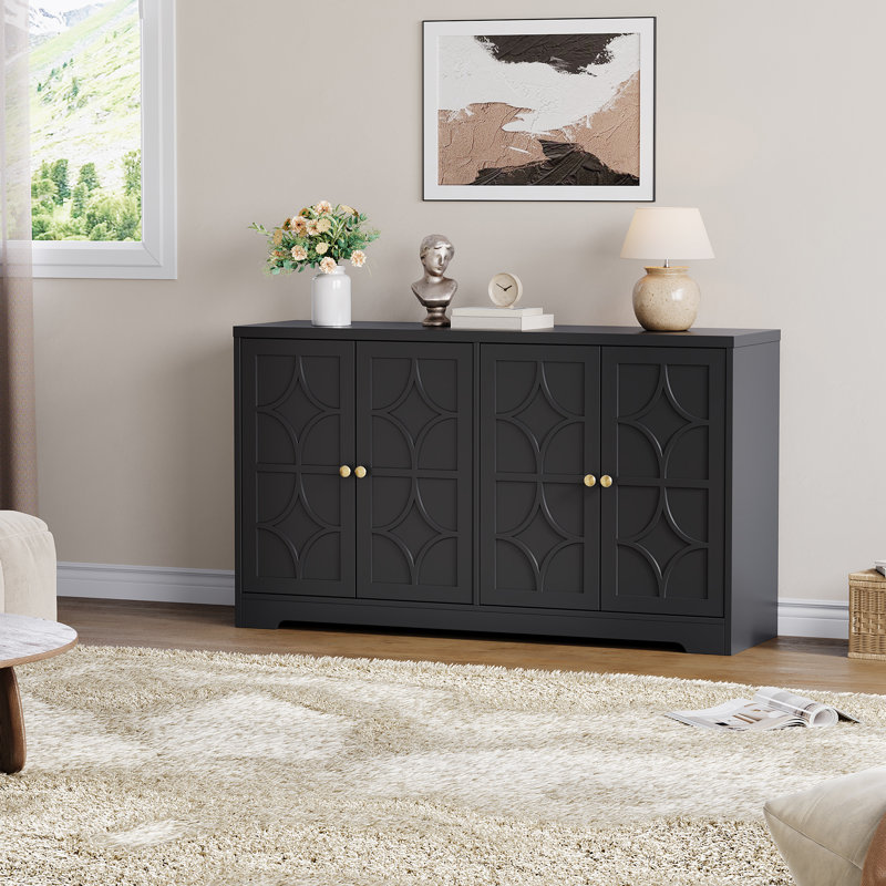 55" Modern Buffet Cabinet with Adjustable Shelves, Black Wood Sideboard with Diamond Doors, Kitchen Coffee Bar Credenza