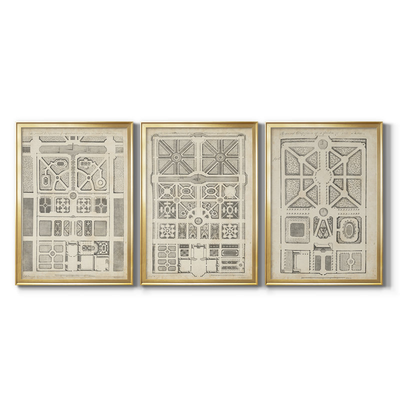 Antique Garden Design III - Toile tendue avec châssis sur mesure - 3 pièces, H 21 po x l 30 po, Doré
